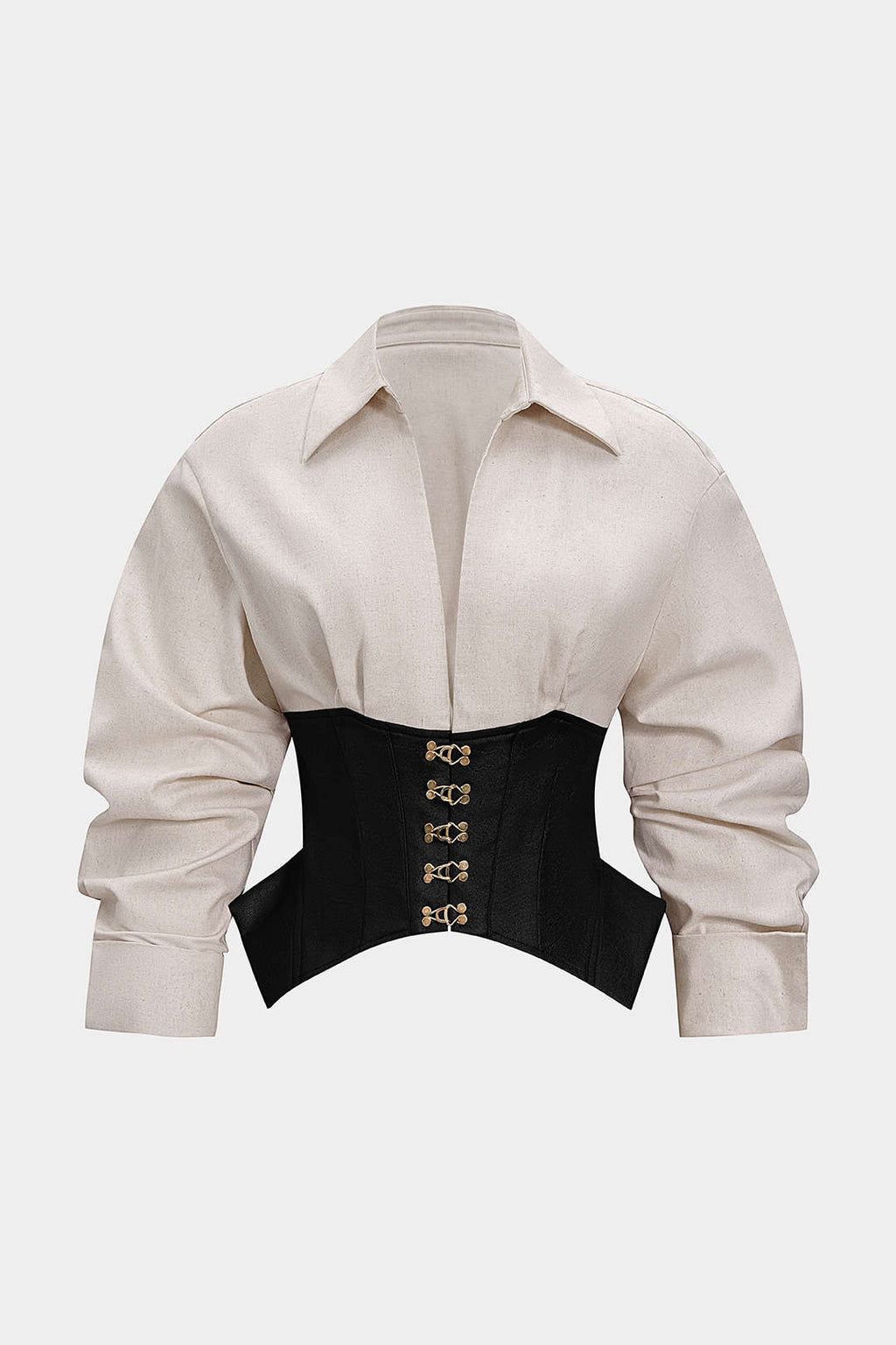Beige shirt with a black corset belt featuring gold buckles on a white background