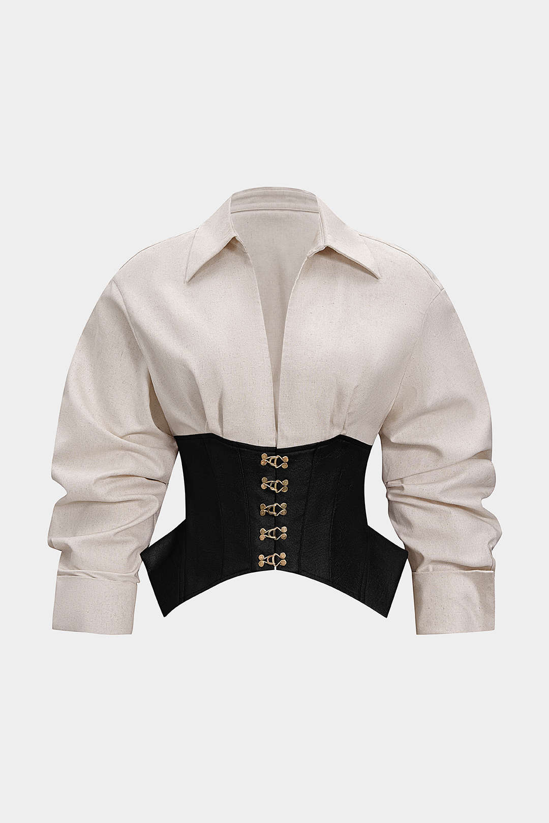 Beige shirt with a black corset belt featuring gold buckles on a white background