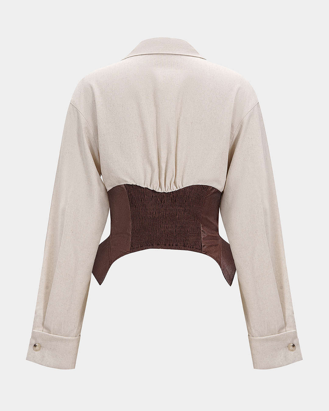 Beige jacket with a brown leather patch on a white background