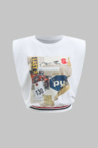 White sleeveless t-shirt with a car and letter graphic print