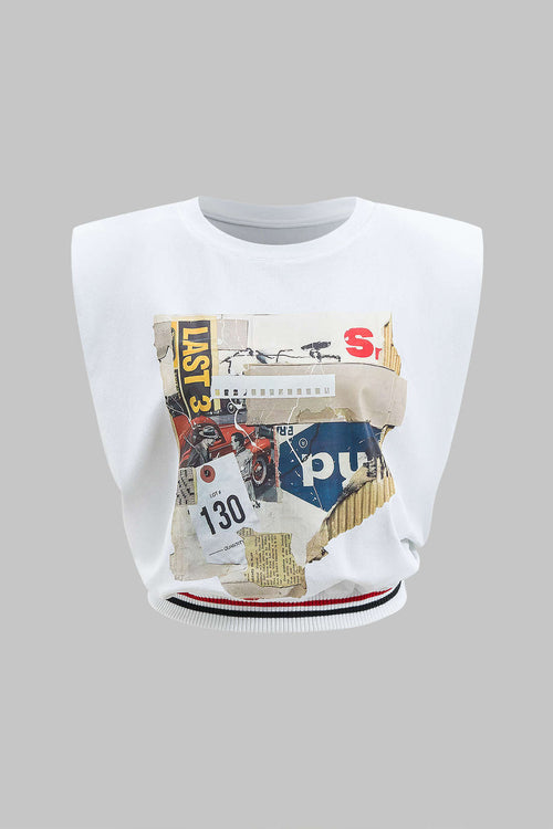 White sleeveless t-shirt with a car and letter graphic print
