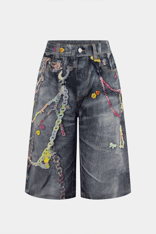 Dark gray wide-leg shorts with a chain-link print
