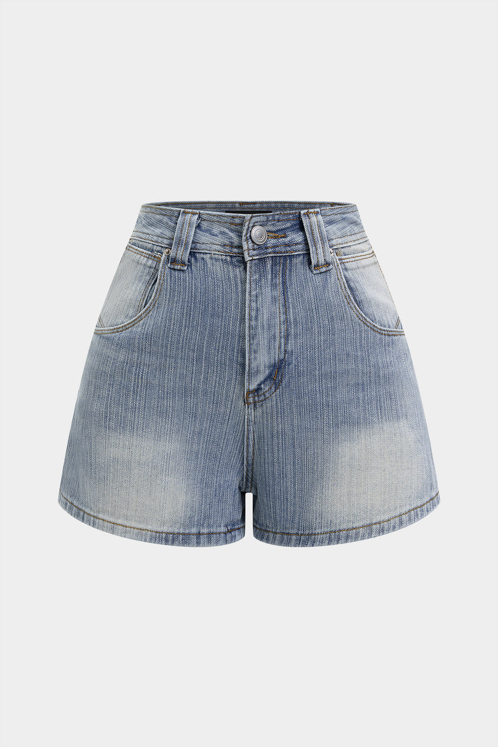 Blue high-waist denim shorts with a wide-leg cut