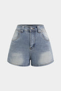 Blue high-waist denim shorts with a wide-leg cut