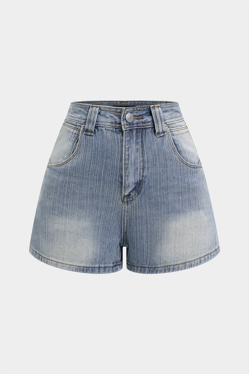 Blue high-waist denim shorts with a wide-leg cut