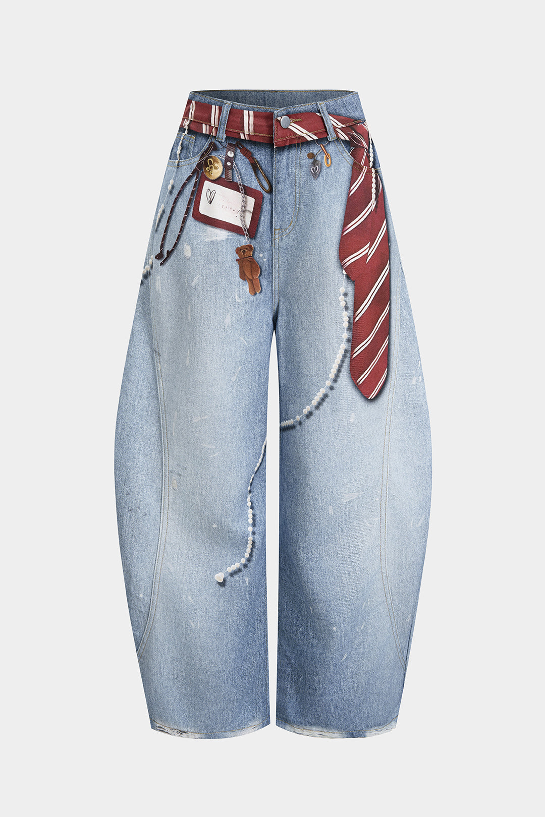 Light wash blue jeans with an optical illusion print