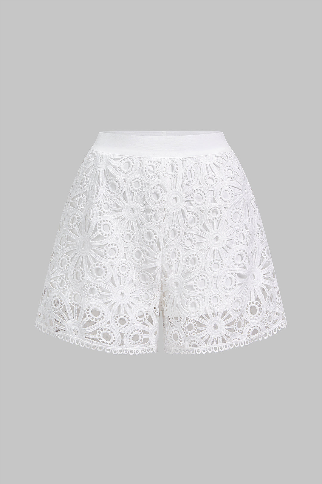 White semi-sheer lace shorts with cut-out detailing