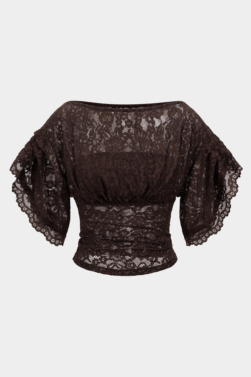 Coffee-brown semi-sheer lace top for evening wear