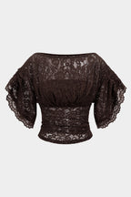 Coffee-brown semi-sheer lace top for evening wear