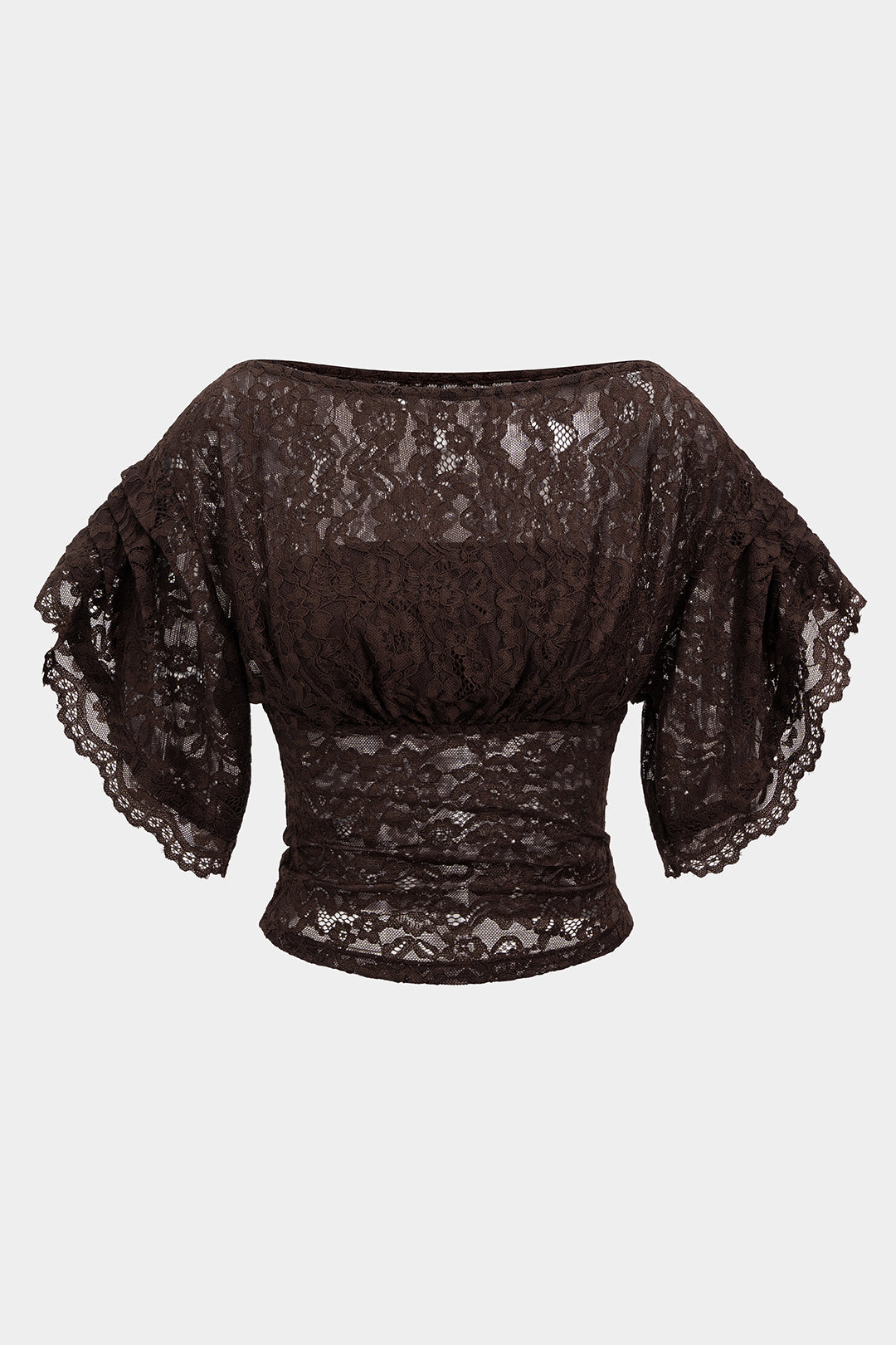 Coffee-brown semi-sheer lace top for evening wear