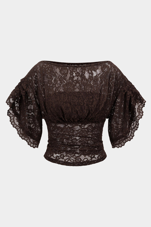 Coffee-brown semi-sheer lace top for evening wear