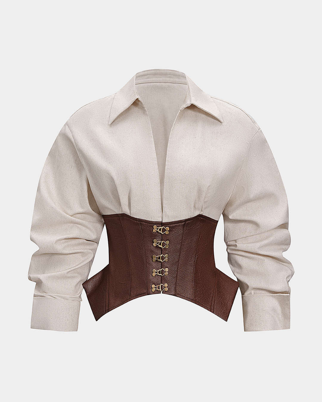 Coffee-brown linen shirt with patchwork and a buckle accent
