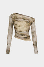 Tan off-shoulder mesh top with ruched long sleeves