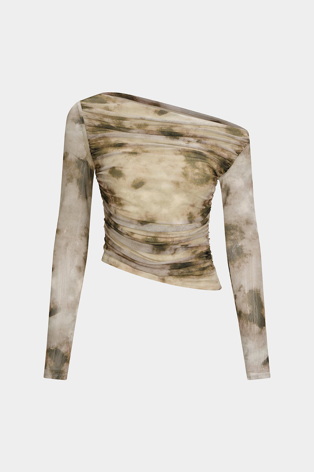 Tan off-shoulder mesh top with ruched long sleeves
