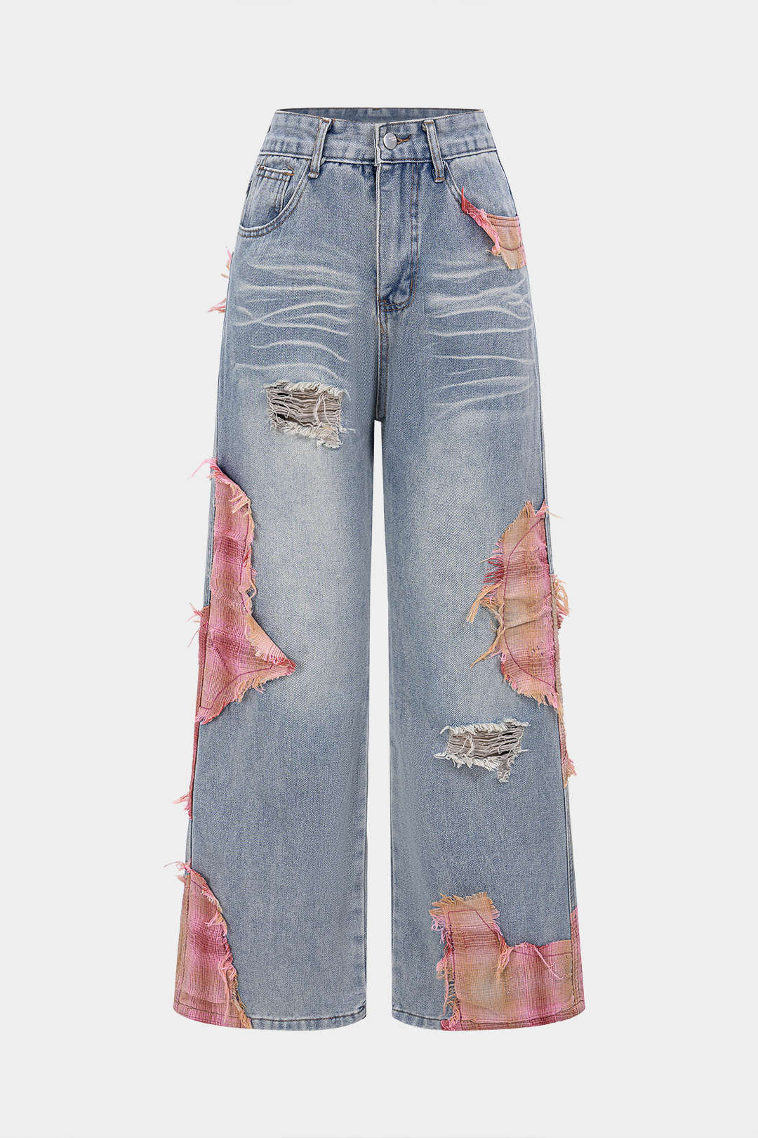 Powder blue jeans with plaid patchwork and ripped detailing