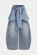 Blue high-waist jeans with plaid tie-up pocket accents