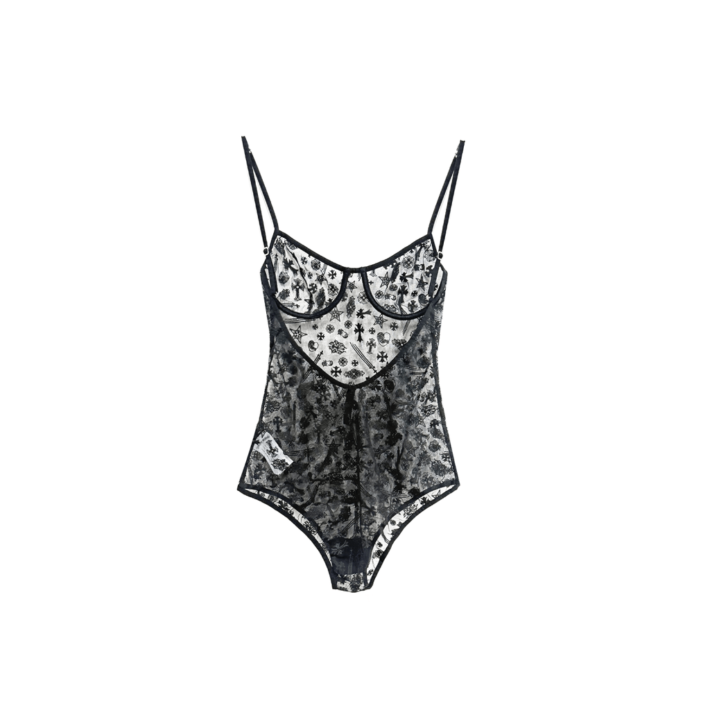 Chrome Hearts Lace Teddy Embroidered Black Bodysuit