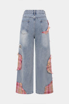 Aiolos Women's Plaid Patchwork Ripped Wide Leg Jeans