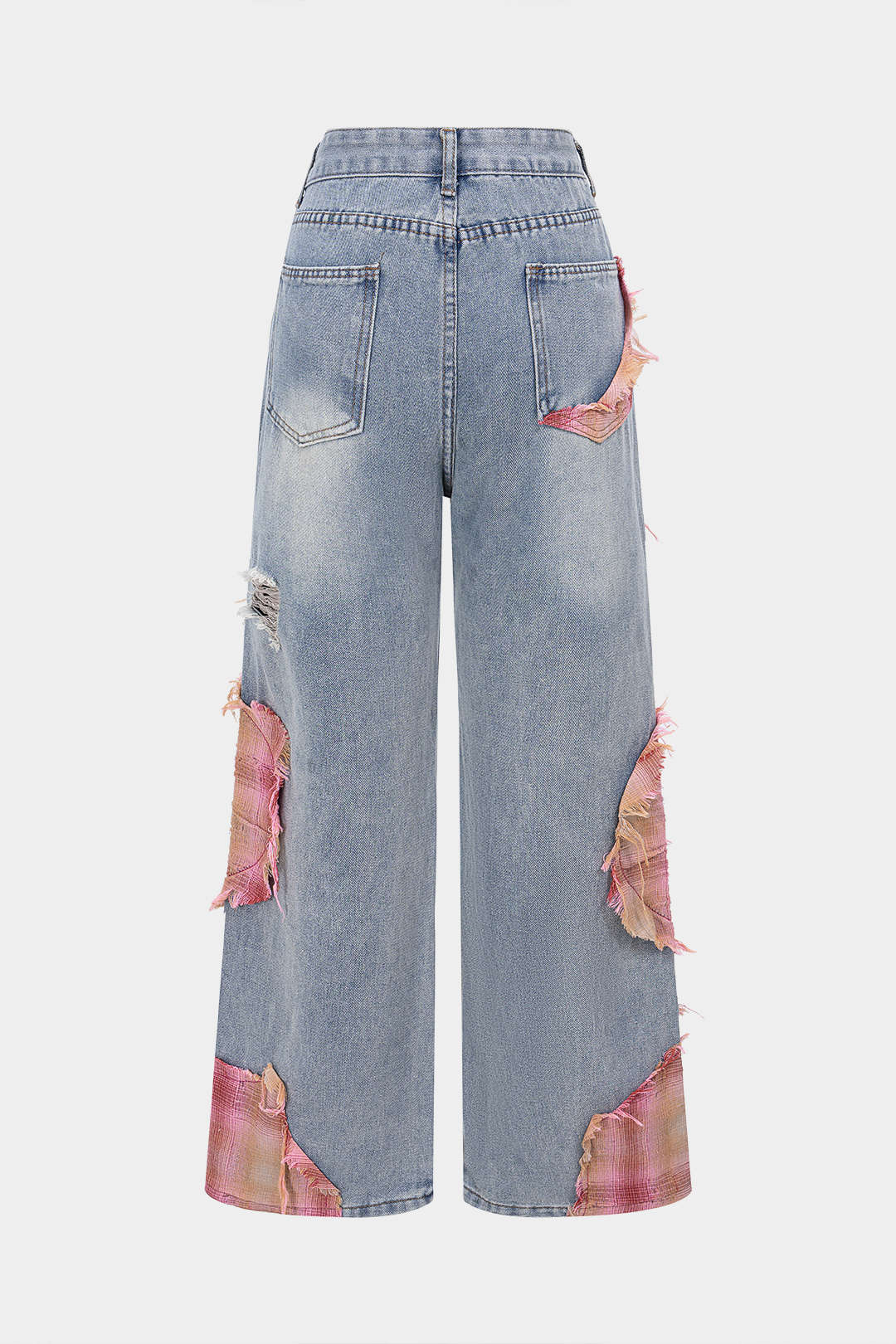 Aiolos Women's Plaid Patchwork Ripped Wide Leg Jeans