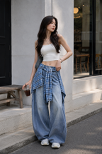 Aiolos Women's Plaid Tie-Up Pocket High-Waist Jeans